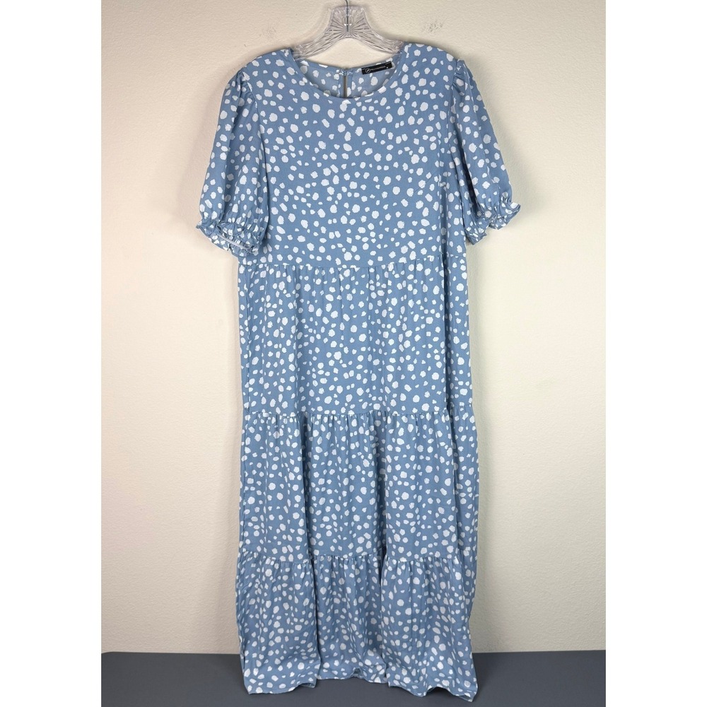 PrettyGarden Dress Womens Med Polka Dot Tiered Maxi Puff Sleeve Prairie